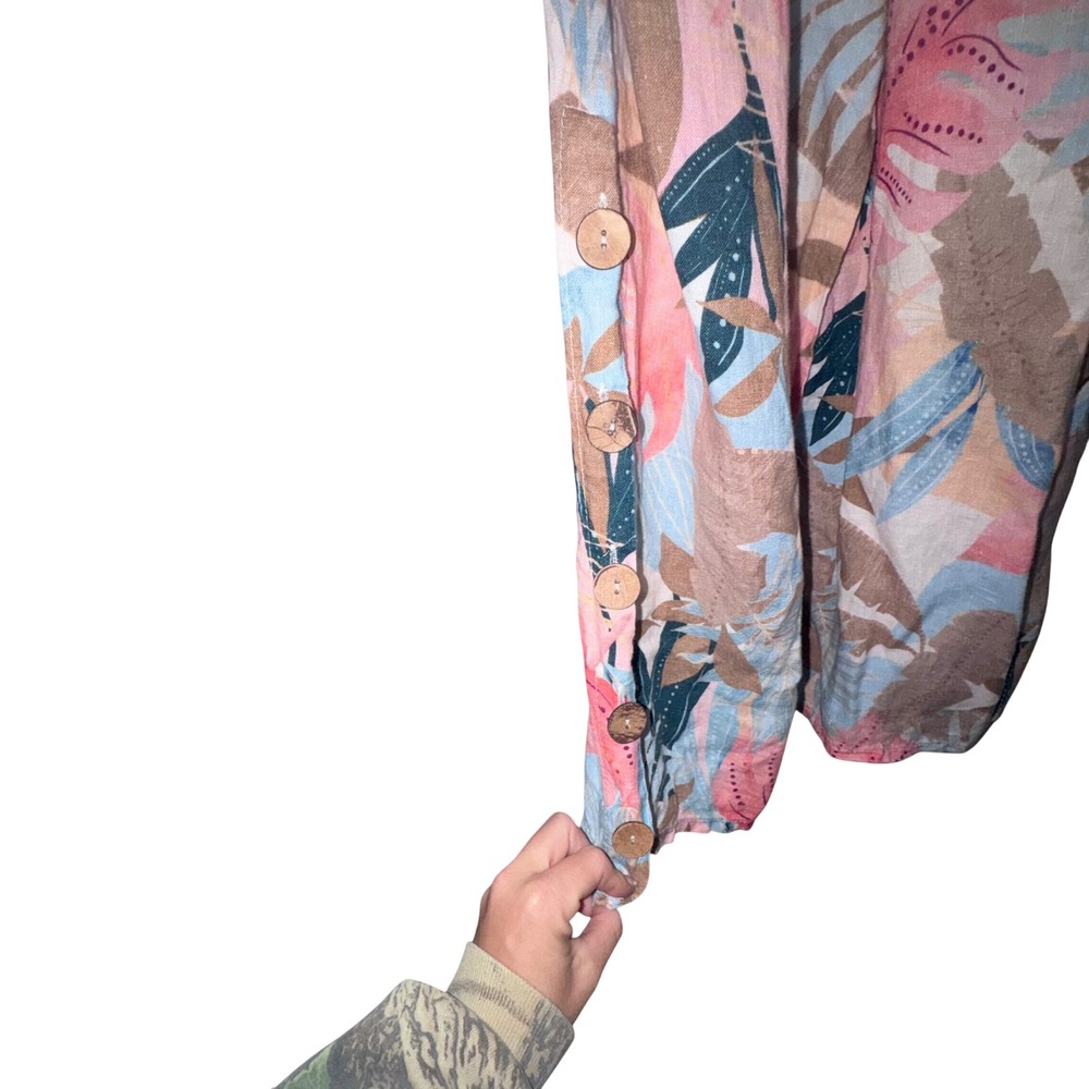 Puro Lino Italian Linen Tropical Floral Wide Leg Jumpsuit Pockets Resortwear - Picture 5 of 9